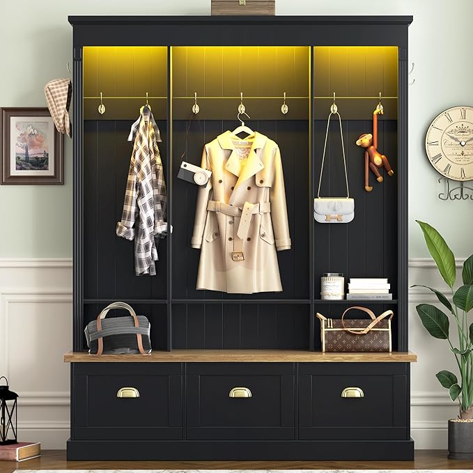Farmhouse 75" H Hall Tree with 9 Golden Hooks, 3 Large Cabinets, Open Shelves, Roman Column Design Natural Storage Bench, Entryway Organizer with Shelves for Mudroom, Hallway (Black,75)