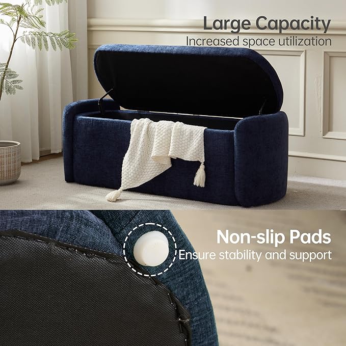 VKNOW Oval Storage Ottoman Bench, 46" Upholstered End of Bed Bench Ottomans Bench Foot Rest, Sherpa Storage Bench for Bedroom, Living Room and Hallway, Navy