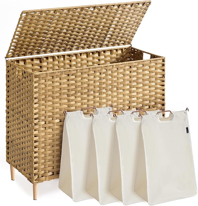 SONGMICS Laundry Hamper with Lid, 55.4 Gal. (210 L) PE Rattan Laundry Basket with Lid and Handles, Natural Material,Removable Machine Washable Liner, Goose Yellow ULCB224YE01
