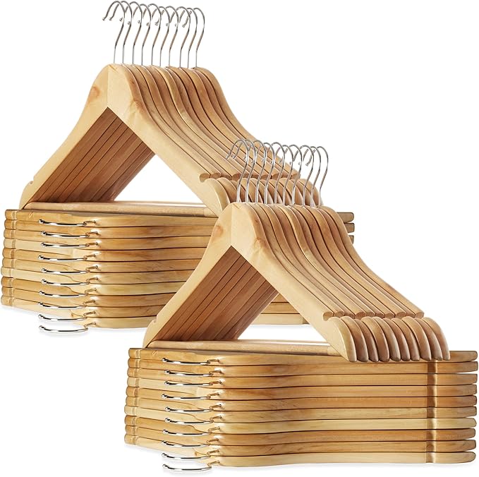 Casafield - 40 Natural Wooden Suit Hangers - Premium Lotus Wood with Notches & Chrome Swivel Hook for Dress Clothes, Coats, Jackets, Pants, Shirts, Skirts