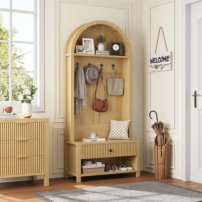 70.86-inch Entryway Hall Tree, Farmhouse-Style Wooden Coat Rack Freestanding, Entryway Organizer with Four Hooks, Standing Shoe Rack with Bench for Hallways, Foyers, and Living Rooms, Natural