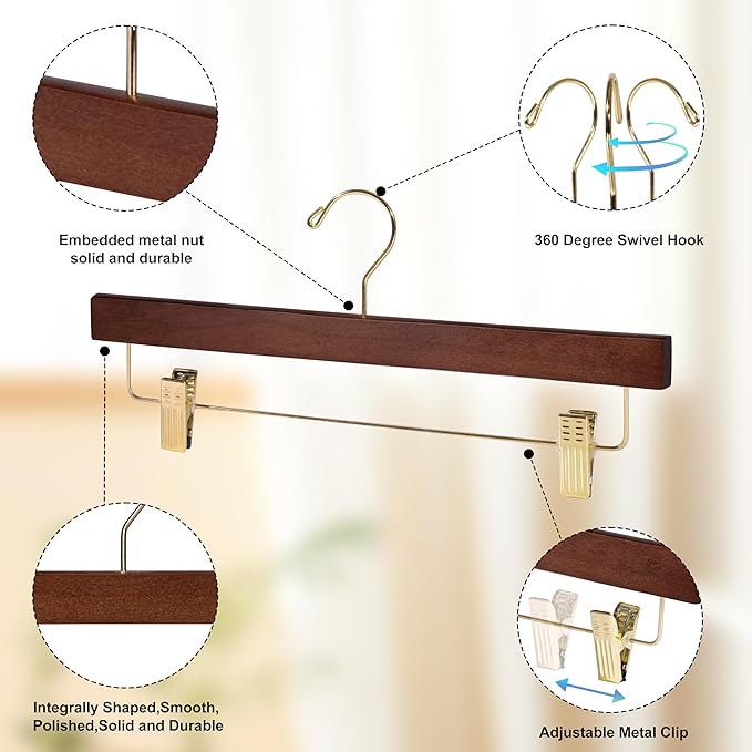 Quality Hangers Wooden Pants Hangers - 20-Pack Swivel Hook Cloth Hanger Set - Lotus Wood Skirt, Pant, Shorts and Slack Hangers with Adjustable Clip (Walnut - Gold Hook, 20)