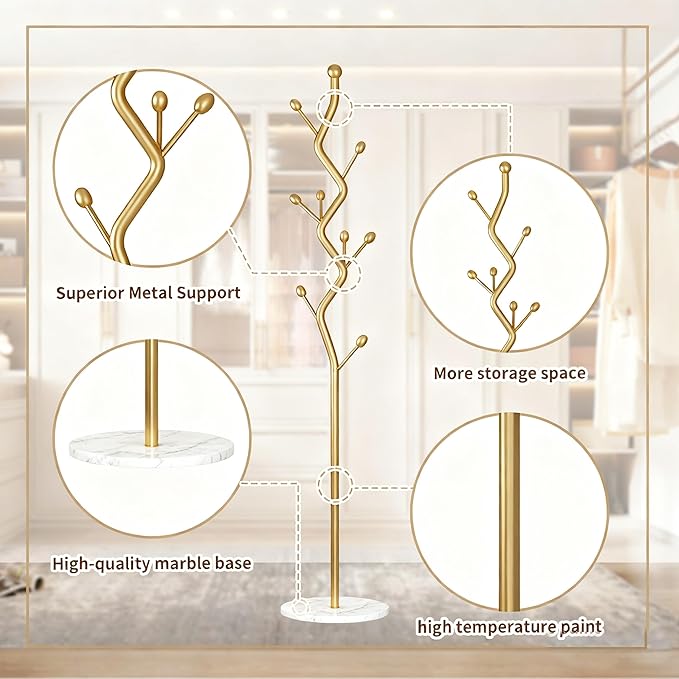 68.9 Inch Tall Modern Coat Rack,Gold Freestanding coat Rack Tree,Heavy-Duty Metal Coat Rack Stand with Sturdy Marble Base for Entryway,Hallway,Bedroom,Holds Coats Hats Bags Scarves