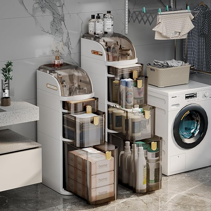 4-Tiers Slim Bathroom Storage Cabinet with Drawers & Tissue Box,Plastic Narrow Rolling Bathroom Tower Cart Waterproof & No Installation for Small Spaces Kitchen Laundry Living Room
