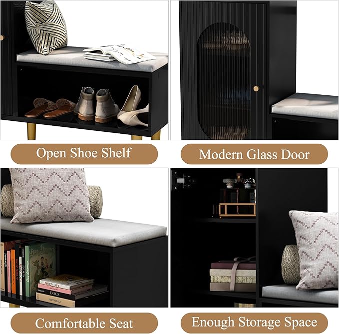 HLR Storage Bench with Glass Door&Shelf, Modern Entryway Shoe Cabinet Bench with Padded Seat, L-Shaped Storage Cabinet for Hallway, Bedroom, Living Room, Office, Black