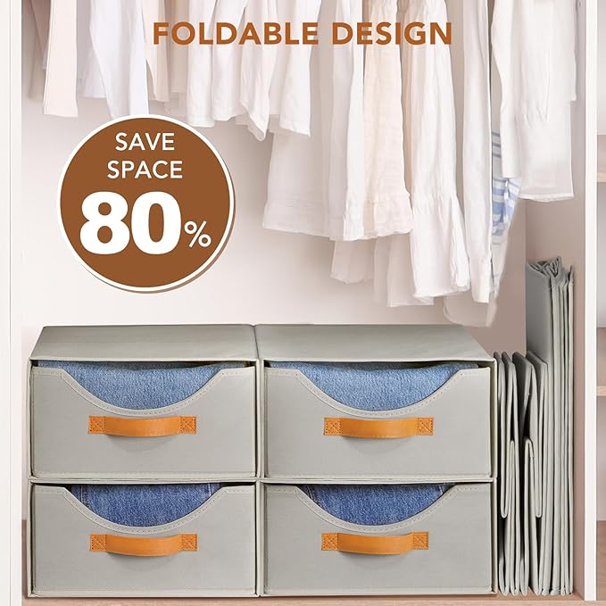 4 Pcs 16.5" Closet Drawers and Large Size Clothes Storage Bins Push-Out Storage Stackable Shelf Drawers with See-Through Window Closet Organizers for Bedroom, Living Room, Under Bed, Grey