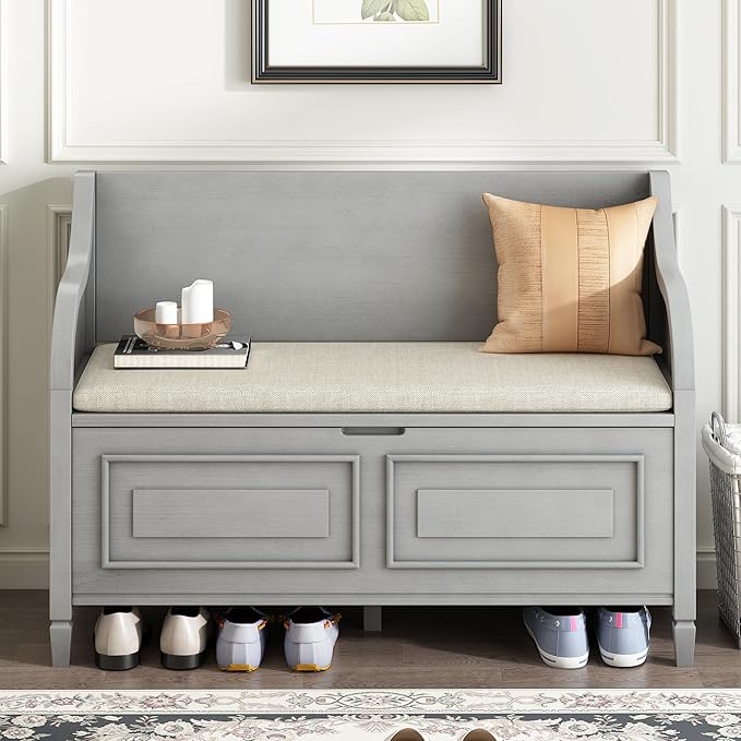 42" Rustic Storage Bench Entryway Bench Shoe Cabinet Ottoman with Safety Hinge, Removable Seat Cushion & Hidden Storage Space for Hallway Entryway Living Room Mudroom End of Bed (Gray Wash)