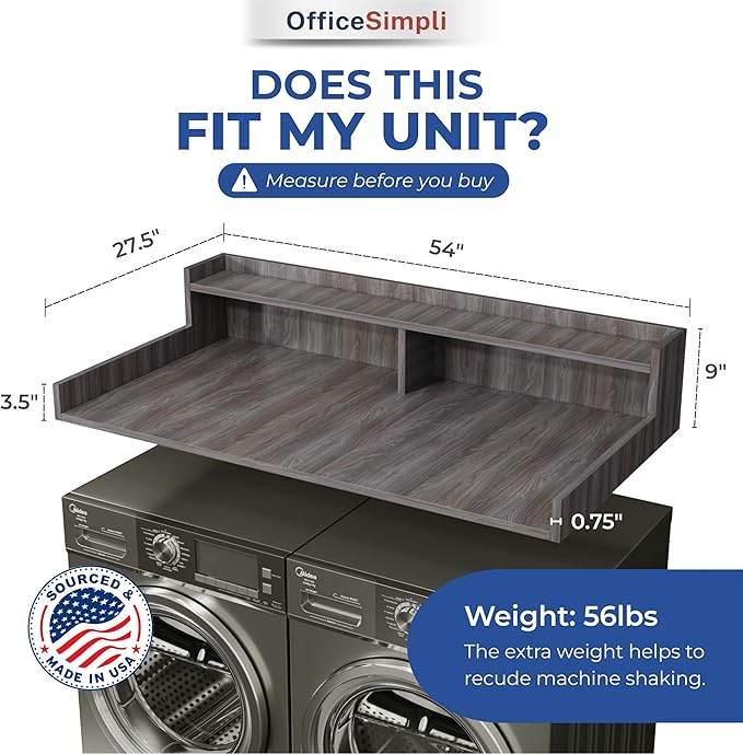 OfficeSimpli Washer Dryer Countertop with Shelf - 27.5 x 54 Inch - Made in USA Laundry Countertop Over Washer and Dryer with Non-Slip Pads, Storage Shelf, Laundry Topper Organizer, Iconic Maple