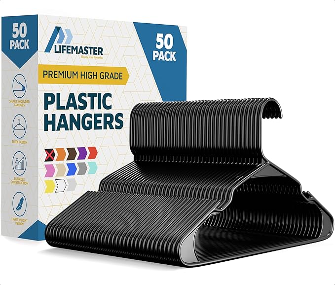 Lifemaster Plastic Clothes Hanger Set - 50 Pieces Versatile, Lightweight, Space-Saving, Non-Slip, Slim Designed, Dry and Wet Clothes Hanger Set - Black