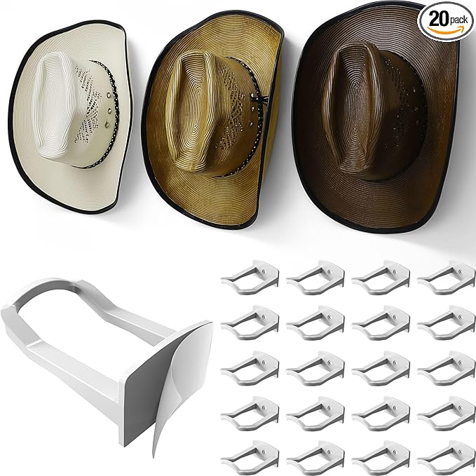 Modern JP Adhesive Cowboy Hat Hooks for Wall (20-Pack) – 3-Inch Wall Mount for Secure Hold, Wide Brim Hat Organizer, Western Room Decor – White