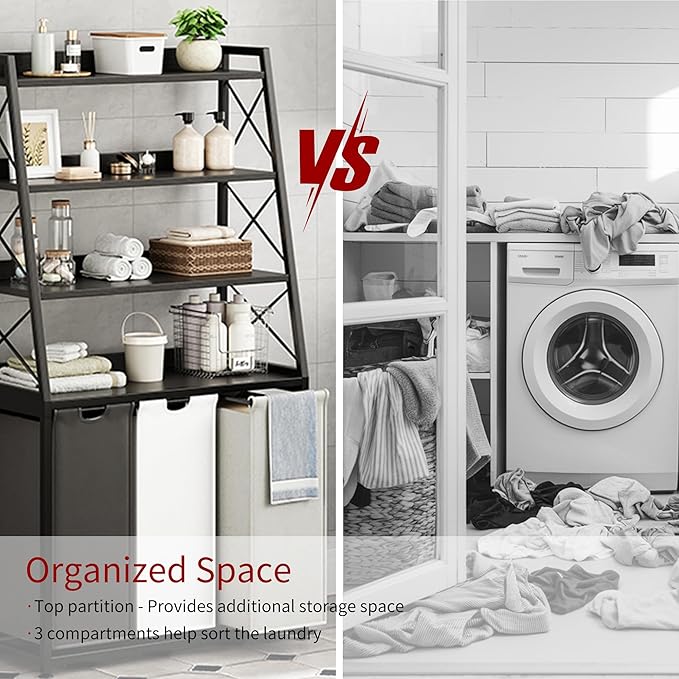Laundry Basket, 3 Section Laundry Hamper with 4 Tiers Shelf, Pull-Out and Removable Laundry Bags, Large 3 x 15.87 Gallons, for Laundry Room Bathroom Black PF05XLK