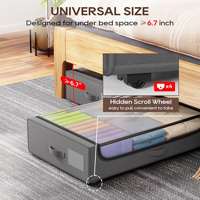 PayLessHere 2 Pack Under Bed Storage with Wheels 53L Under Bed Storage Containers with Clear Lids Clothes Organizer Underbed Rolling Underbed Storage for Clothes, Shoes, Blankets,Grey