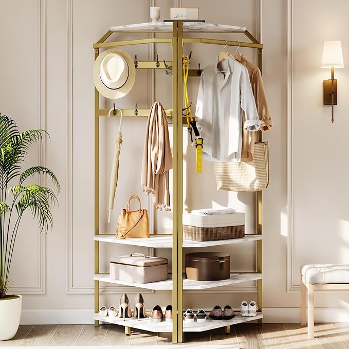 Hallway Coat Rack with 12 Double-Row Hooks and 4 Storage Shelves – Multifunctional Clothes Rack and Shoe Organizer Perfect for Entryway, Hallway and Closet, White & Gold