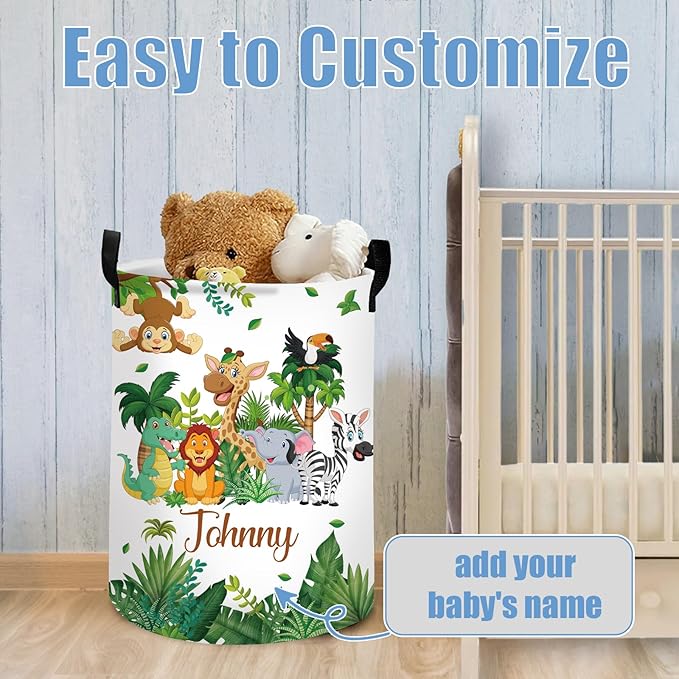 Personalized Name Baby Boys Hamper 2 Sizes, Custom Name Safari Animals Laundry Baskets for Toddler Kids Adults, Customize Baby Name Woodland Animals Print Storage Basket with Handles