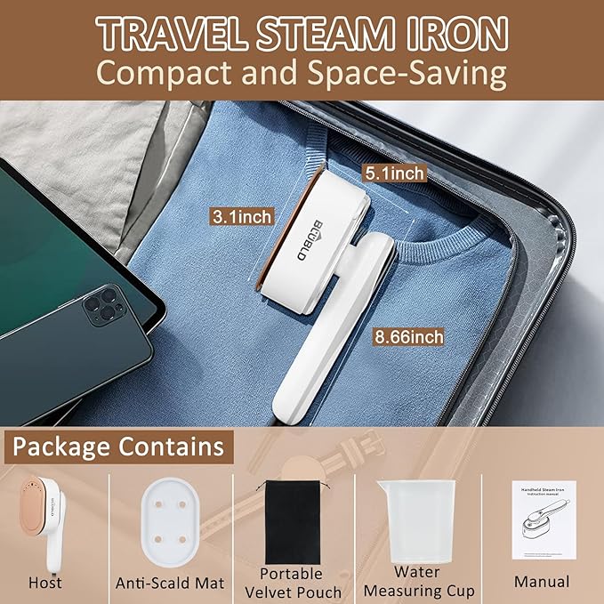 Travel Steamer for Clothes, Handheld Garment Steamer with LED Display, 10s Fast Heat-Up, 4 Adjustable Settings, Large 110ml Tank, Steamer ＆ Iron 2 In 1, Travel steamer for All-Fabric Wrinkle Remover