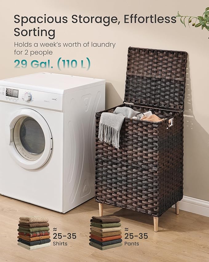 SONGMICS Laundry Hamper with Lid, 29 Gal. (110 L) PE Rattan Laundry Basket with Lid and Handles, Natural Material,Removable Machine Washable Liner, Chestnut Brown ULCB222ME01