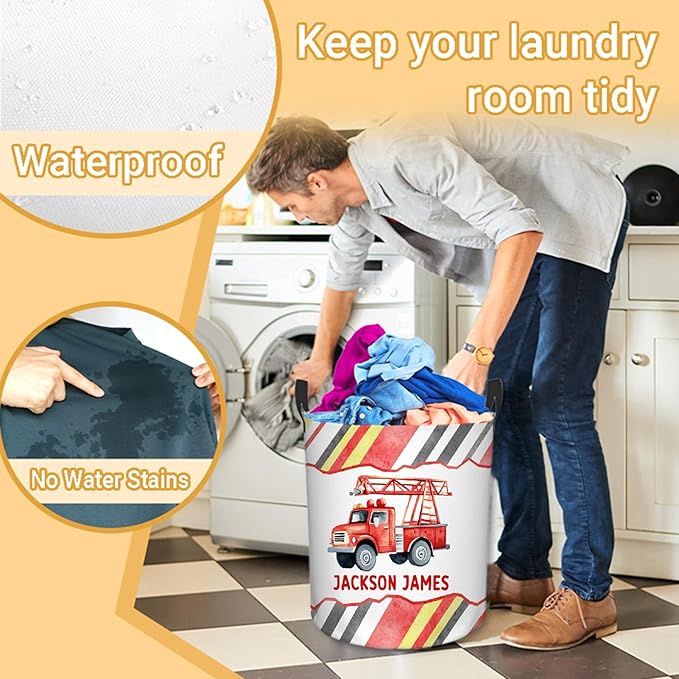 Personalized Fire Trucks Laundry Basket, Custom Laundry Hamper With Name Gifts For Kids Baby Adults, Collapsible Dirty Clothes Storage Organizer With Handles M 19.6 X 15.7in