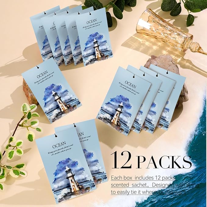 Ocean Scented Sachet Bags - 12 Pack Closet & Drawer Freshener, Long Lasting Odor Eliminator for Wardrobes, Cars & Storage, Home Fragrance Air Freshener Sachets