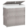 DUMOS Wicker Laundry Basket with Lid, 29.6 Gallon (112L) Woven Laundry Hamper with Handles, Foldable Rattan Clothes Hamper with Removable Liner & Sturdy Steel Frame, Dove Gray