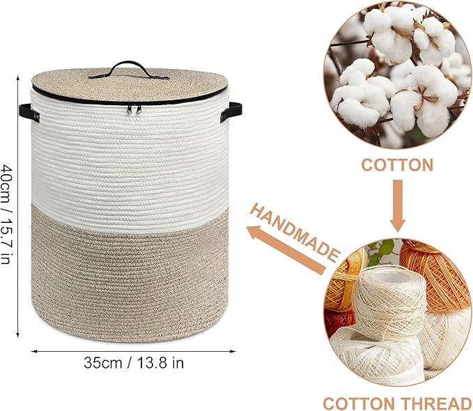 Laundry Hamper with Lid, Large Woven Laundry Basket，Blanket and Toy Storage Basket for Living Room, Bedroom, Bathroom, Nursery (Brown with Zipper, 55L)