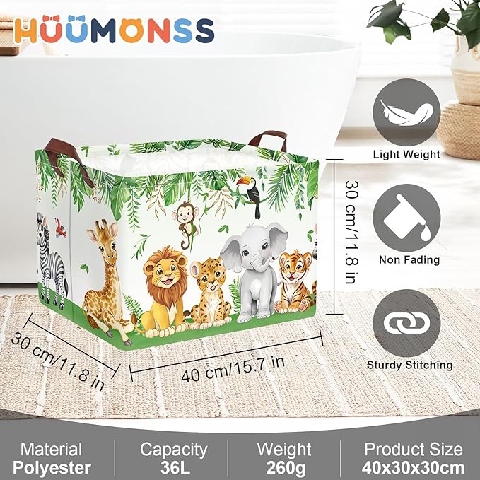 Jungle Animals Laundry Hamper Large Storage Basket Cartoon Wild Zoo Collapsible Parents Organizer Kids Toy Clothes Bins for Bedroom, Bathroom, Lion, 36L