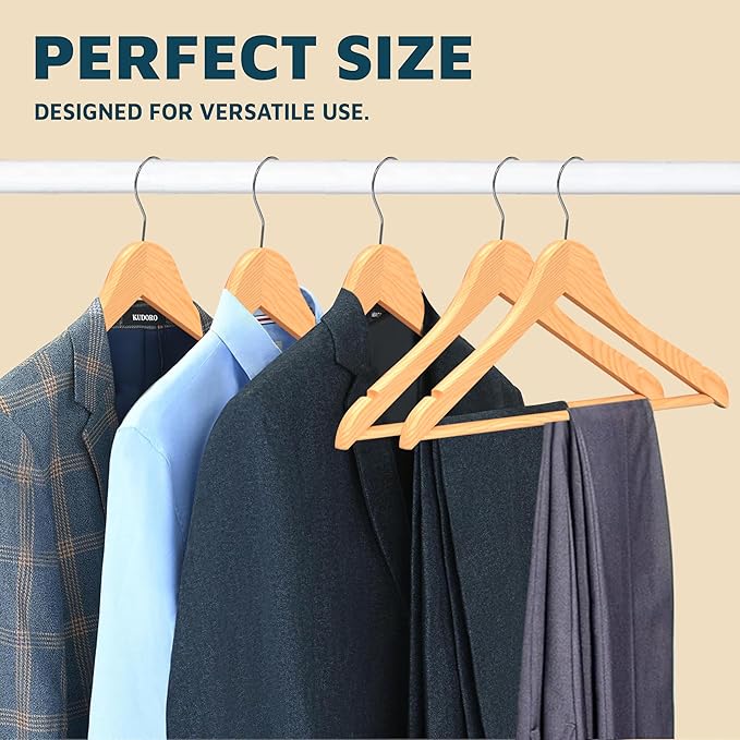 Lifemaster Wooden Hanger Set - 80 Pieces Non-Slip Versatile Closet Space-Saving Hanger Set for Suit, Coat, Camisole, Jacket, Pants, and Dresses with Rotating Swivel Hook - Natural Wood
