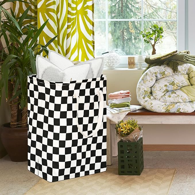 Checkered Laundry Basket Foldable Kids Hamper Storage Bins Women Waterproof Organizer Toy Box Large Canvas for Home/Dorm/Kitchen/Pet/Office/Closet/Shelf/Living Room Decor Baskets