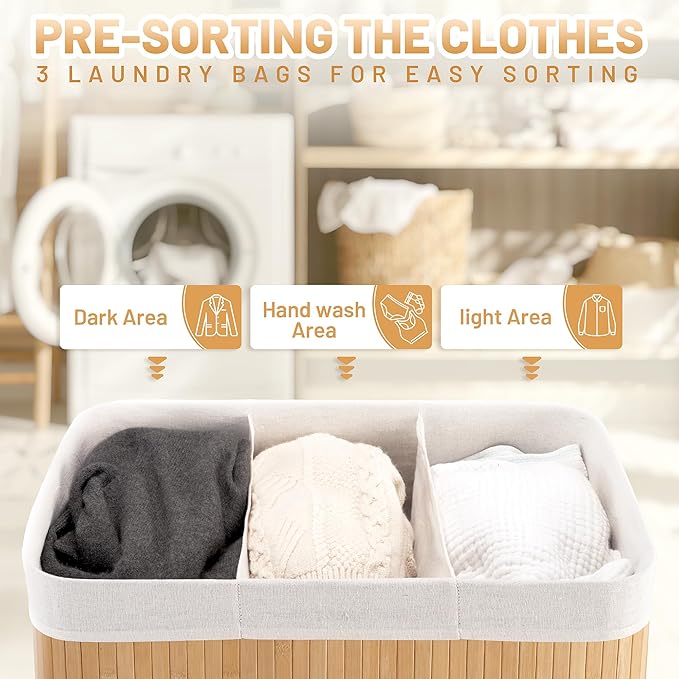 150L Laundry Hamper with lid, 3-Section Clothes Laundry Basket with Handles, Large Collapsible Bamboo Baskets for Bedroom, Bathroom, Dorm, Natural Beige