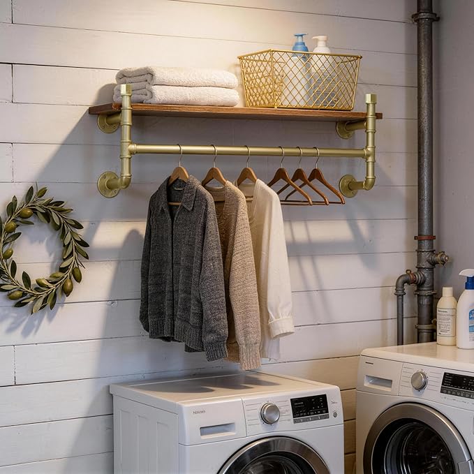 WEBI Wall Mounted Clothes Rack with Shelf,36" Industrial Pipe Clothing Rack with Shelf with Hanging Rod,Heavy Duty Iron Garment Rack Bar,Retail Display Clothes Rod for Laundry Room,Closet,Gold