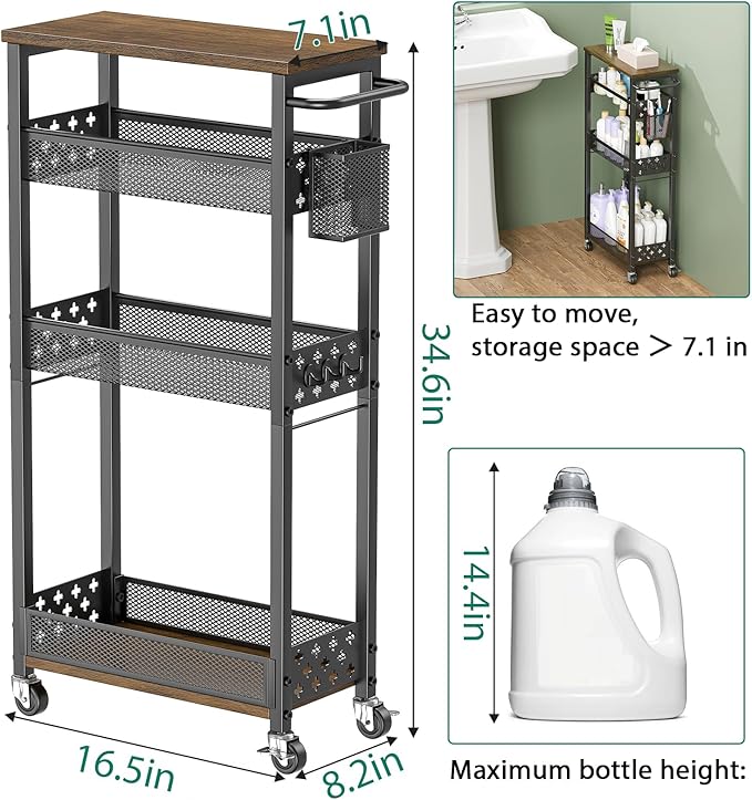 Slim Storage Cart 4 Tier Laundry Cart with Wheels, Narrow Metal Kitchen Rolling Carts Bathroom Organizers Storage Shelf with Wood Rack and Handle for Small Space