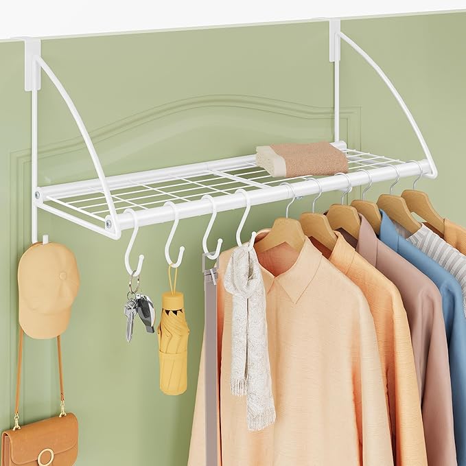 Tajsoon Over Door Clothes Hanger with Storage Rack and 6 Hooks, Extended Over The Door Clothes Rack for Hanging Coat for Bathroom, Bedroom, Living Room, White