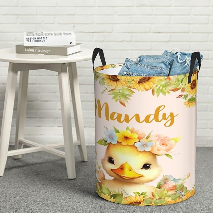 Personalized Duck Sunflower Laundry Basket For Baby Kids Boys Girls Adult Custom Hamper Basket With Name For Bathroom Bedrooms Collapsible Baby Laundry Basket, Dirty Clothes Hamper With Handles