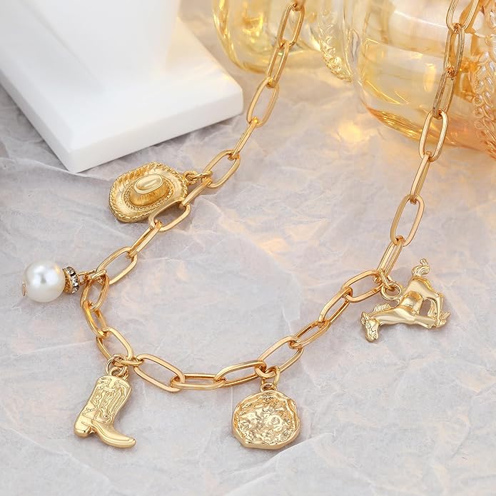 Chunky Gold Necklace for Women Gold Evil Eye Cowboy Pendant Necklace Dainty Paperclip Chain Vintage Luck Amulet Choker Necklaces Celestial Jewelry Gift