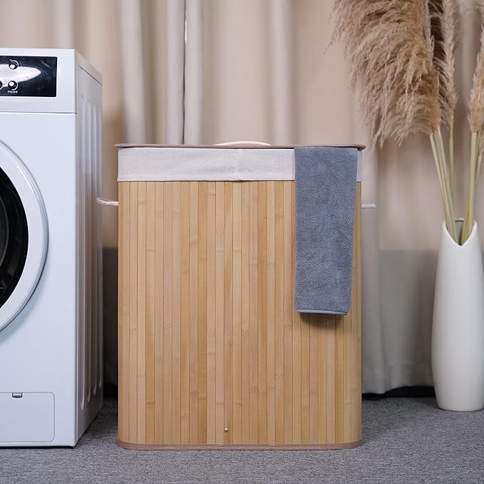 Bamboo Laundry Hamper Large 106L with Removable 4-Section Liner, Foldable Storage Basket with Lid and Handles for Bedroom, Laundry Room, Small Spaces – Natural - Rectangle