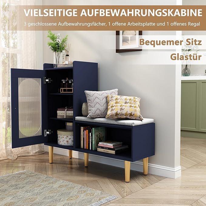 HLR Storage Bench Set of 2, Blue Modern Entryway Shoe Cabinet Bench with Glass Door&Shelf, L-Shaped Storage Cabinet with Padded Seat for Hallway, Bedroom, Living Room, Office