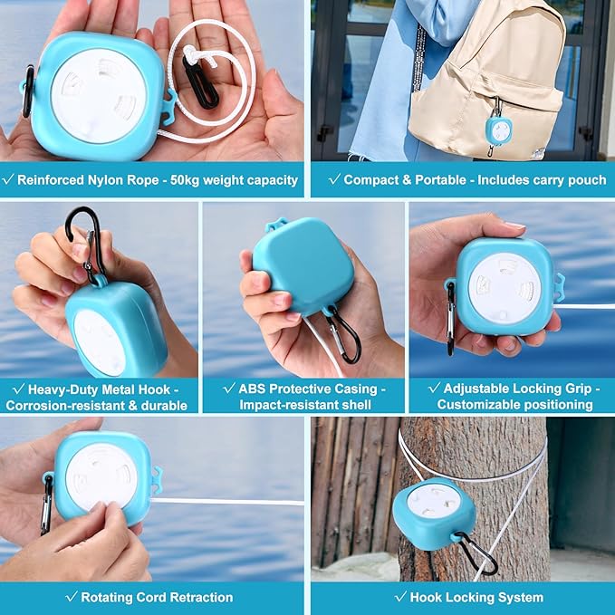 6 Pack Fodable Travel Hangers with Clips & Adjustable Clothesline, Portable Collapsible Hangers with Storage Bag for Suitcase, Hotel, RV, Cruise Essentials Set (Blue)