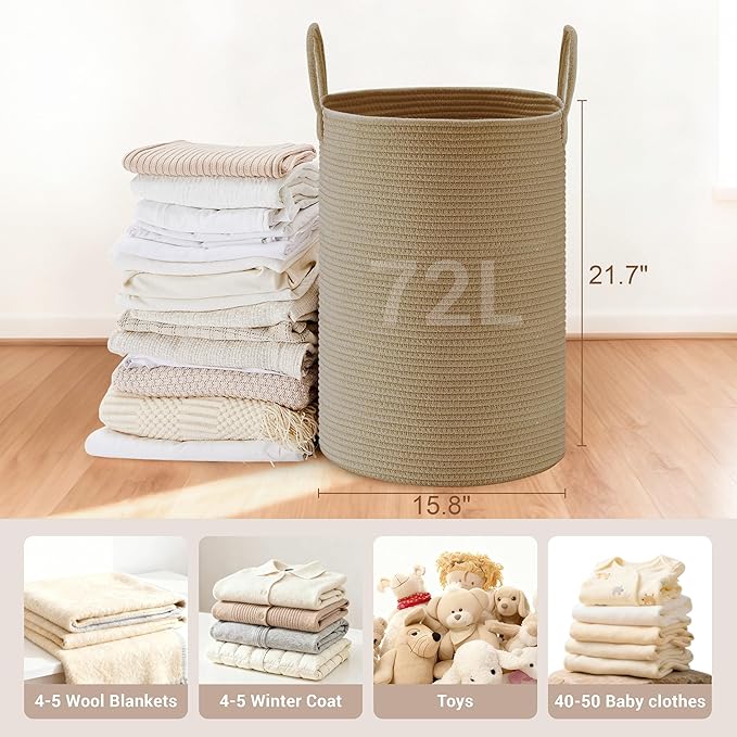 Tall Laundry Basket with Handles, 72L Portable Dirty Clothes Hamper, Boho Cotton Rope Storage Bin for Blankets Kids Toys Gifts, Decorative Organizer for Baby Nursery Bedroom Bathroom, Jute