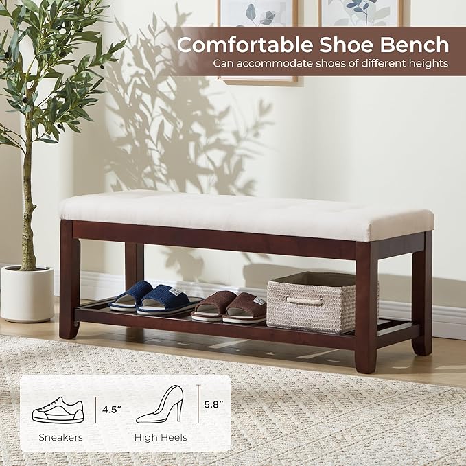 Shoe Bench Entryway, 44" End of Bed Bench,Upholstered Linen Bench for Living Room,Fabric Ottoman Bench with Solid Wood Shelf for Bedroom, Entrance Beige