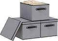 Storage Boxes with Lids, Decorative Linen Storage Bins for Shelves, Fabric Closet Organizer with Handles, Gray, 16.5 x 11.8 x 10.2 Inch, 3-Pack