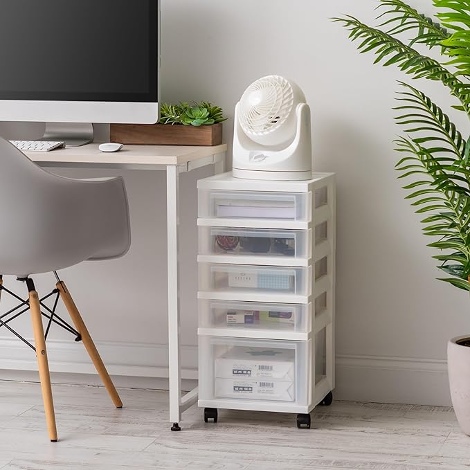 IRIS USA Plastic Drawer Storage Organizer Rolling Cart, with Wheels Casters, 5-Drawers, for Classroom Art Craft Supplies Dresser Closet Bathroom Laundry Room, Flat Smooth Top, White/Clear