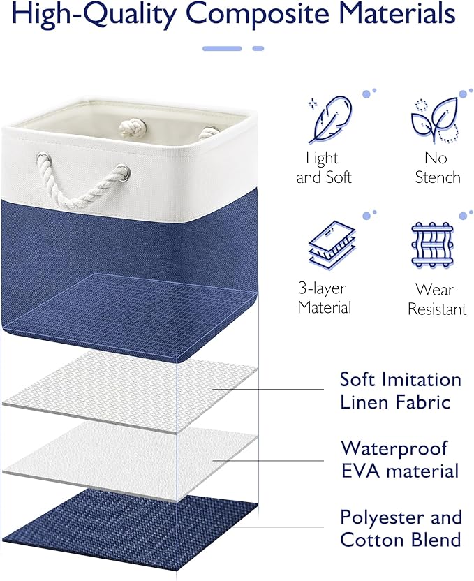 11 Inch Cube Storage Bins, 4 Pack Fabric Storage Cubes with Rope Handles, Organizer Baskets for Closet Shelves, Clothes and Home Organization(White/Blue)