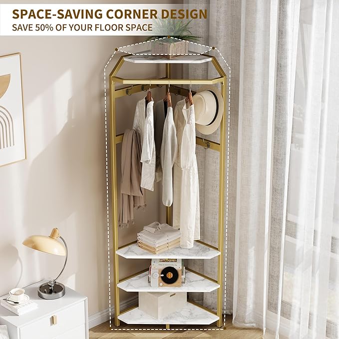 Hallway Coat Rack with 12 Double-Row Hooks and 4 Storage Shelves – Multifunctional Clothes Rack and Shoe Organizer Perfect for Entryway, Hallway and Closet, White & Gold