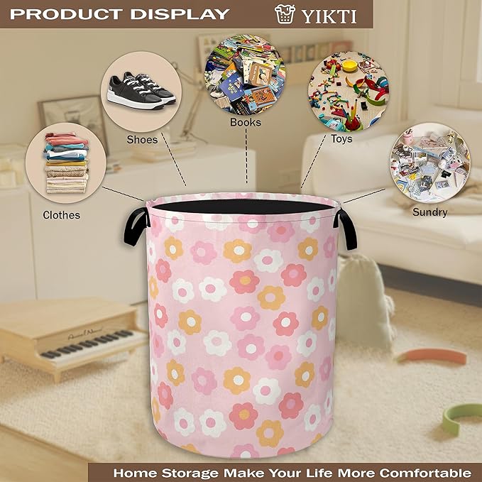 60s Groovy Flowers Laundry Basket,Pink Floral Clothes Hamper,Oxford Cloth Collapsible Nursery Hamper Storage Organization for Bedroom,Bathroom,Office,College Dorms,16x20 Inch