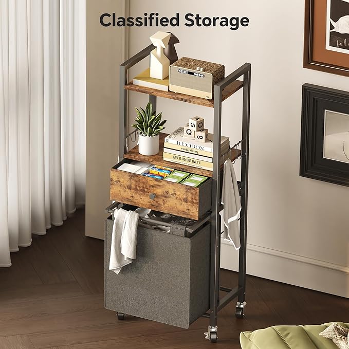 2 Tiers Laundry Hamper with Fabric Drawer and 2 Wooden Shelves, Laundry Basket with Removable Bag and 8 Storage Hooks, Laundry Sort with Divided Bag for Laundry Room, Bathroom, Bedroom, Dorm