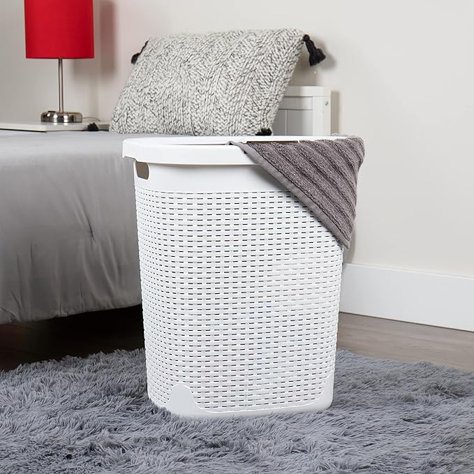 Mind Reader 50L Slim Laundry Hamper, Clothes Basket, Lid, Wicker Design, Plastic, 17.65"L x 13.75"W x 21"H, Set of 2, White