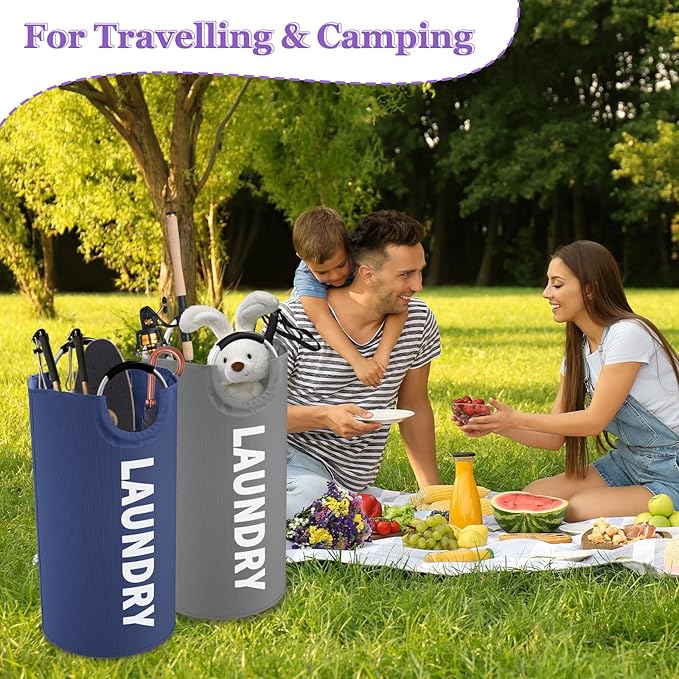 2Pack 95L Big Clothes Hamper for Family, Collapsible Laundry Baskets with Handles, Dirty Clothes Bin Stand Up Well, Toteable Laundry Bag for Bathroom, Travel, Grey/Navy Blue