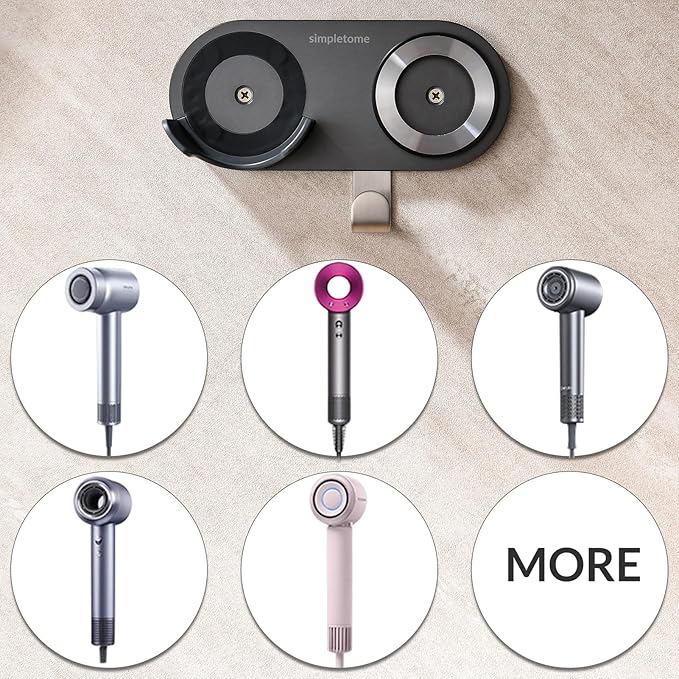 simpletome Hair Dryer Holder Wall Mount for All Magnetic High Speed Blow Dryer with Plug Cord Organizer Hook (Aluminum Alloy, White)