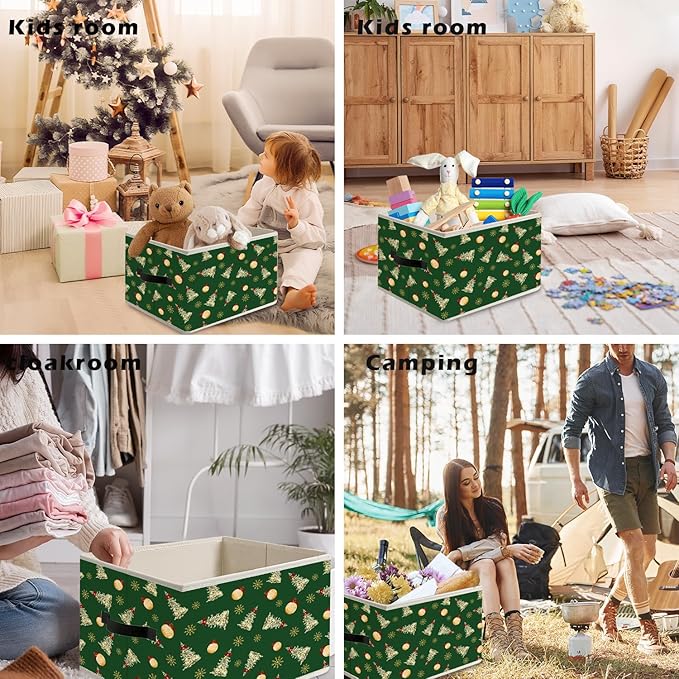 Green Christmas Tree Storage Bin Box with Handles, Snowflake Red Bow Bauble Ball Holiday Winter Christmas Foldable Organizer Basket Toybox for Home Bedroom Bathroom Clothes Toys Books