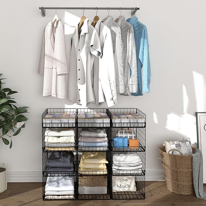 4 Pack Closet Organizers and Storage Shelves for Clothes, 4 Tier Stackable Closet Storage Basket Bin Container for Clothing Sweater Jean, Narrow, Foldable, Sturdy Metal System Organizer Shelf