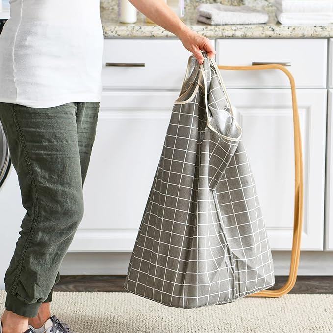 Household Essentials Bamboo X Frame Hamper with Grid Pattern, Gray